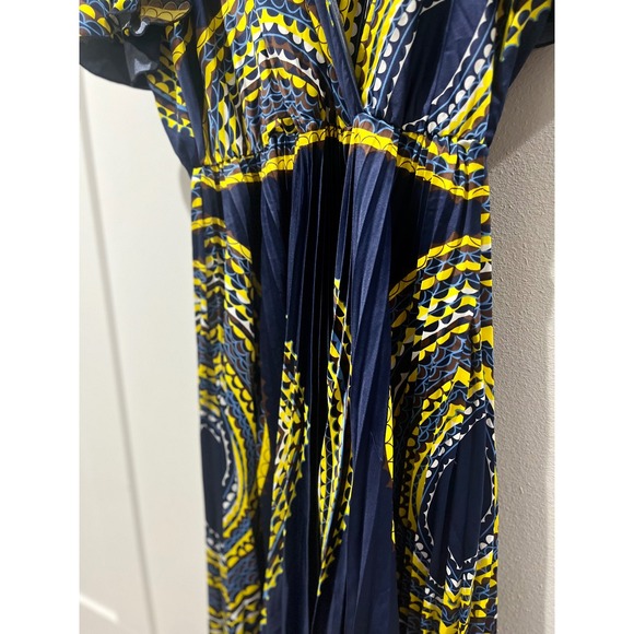 Ashley Stewart Navy Blue Yellow Geometric Print Maxi Dress Flutter Sleeve - Picture 3 of 6
